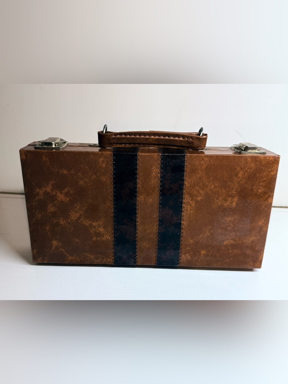 Vintage 1970 Backgammon Brown Faux Leather Carrying Case Chess Checkers Cribbage